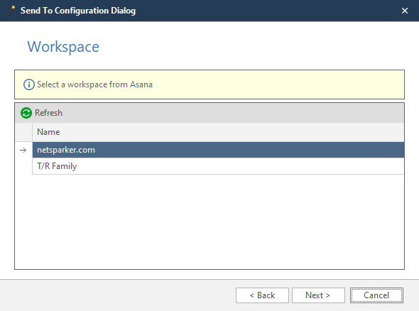 Asana wizard Workspace step showing workspace selection dropdown