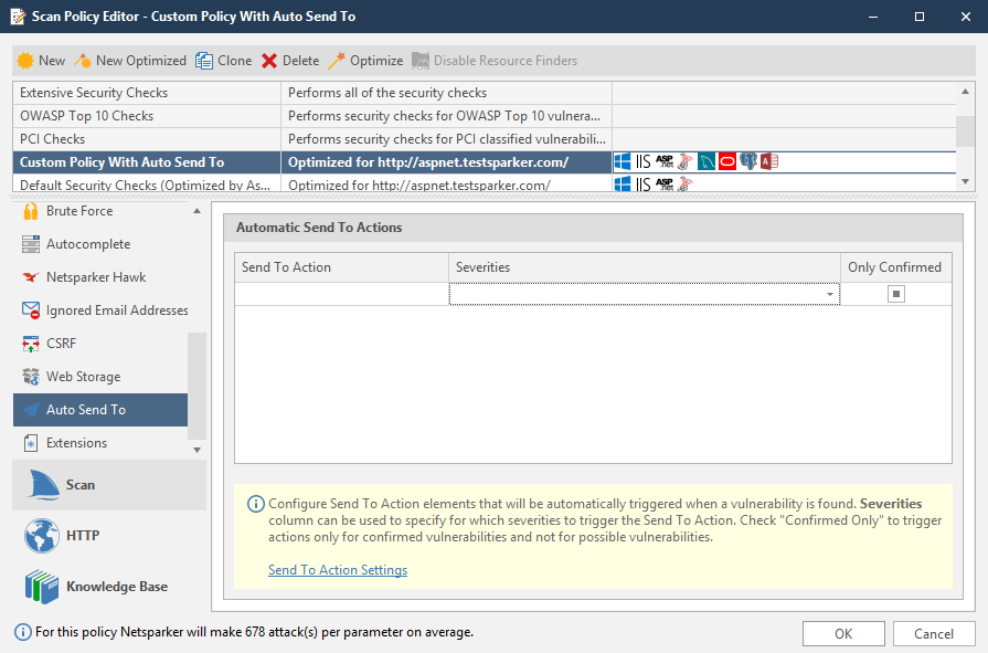 Accessing Auto Send To tab in Scan Policy Editor