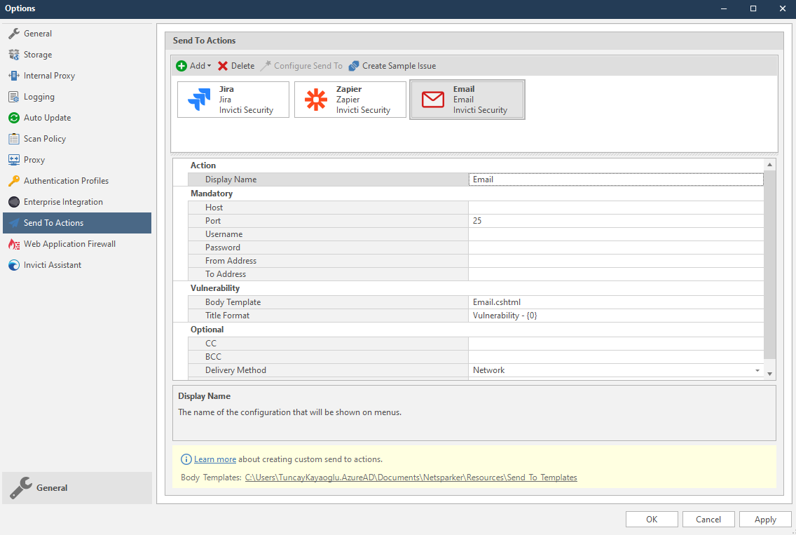 Custom Send To Actions settings interface in Invicti Standard