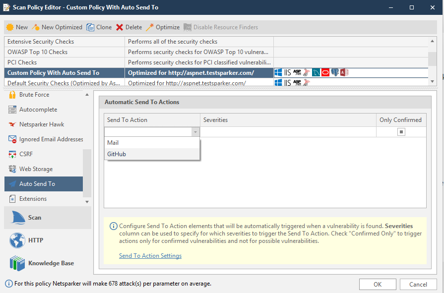 Selecting Send To Action from the dropdown list
