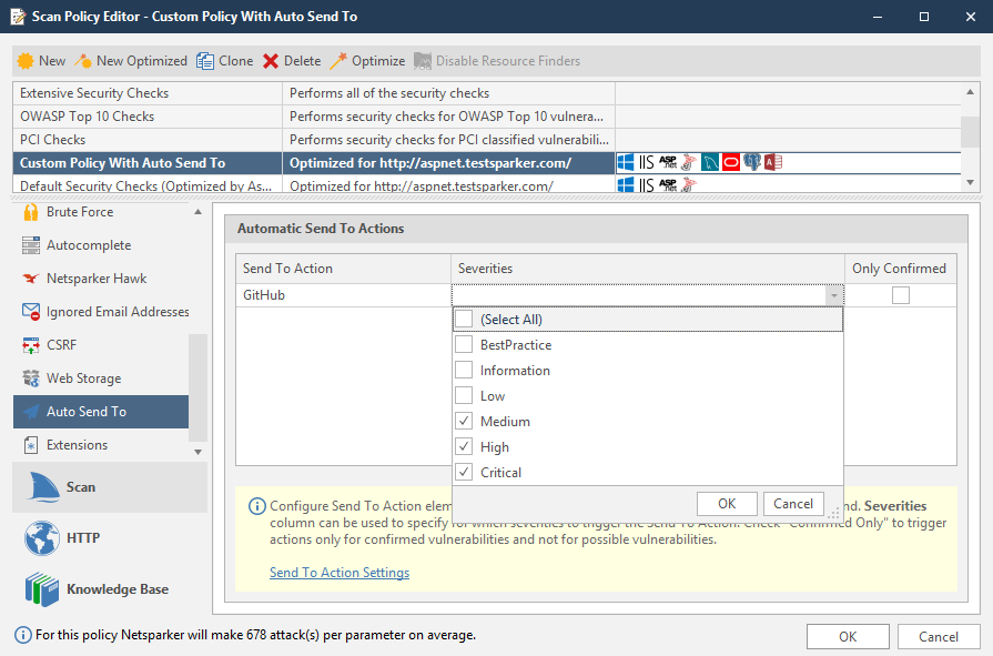 Selecting vulnerability severity levels for auto send actions