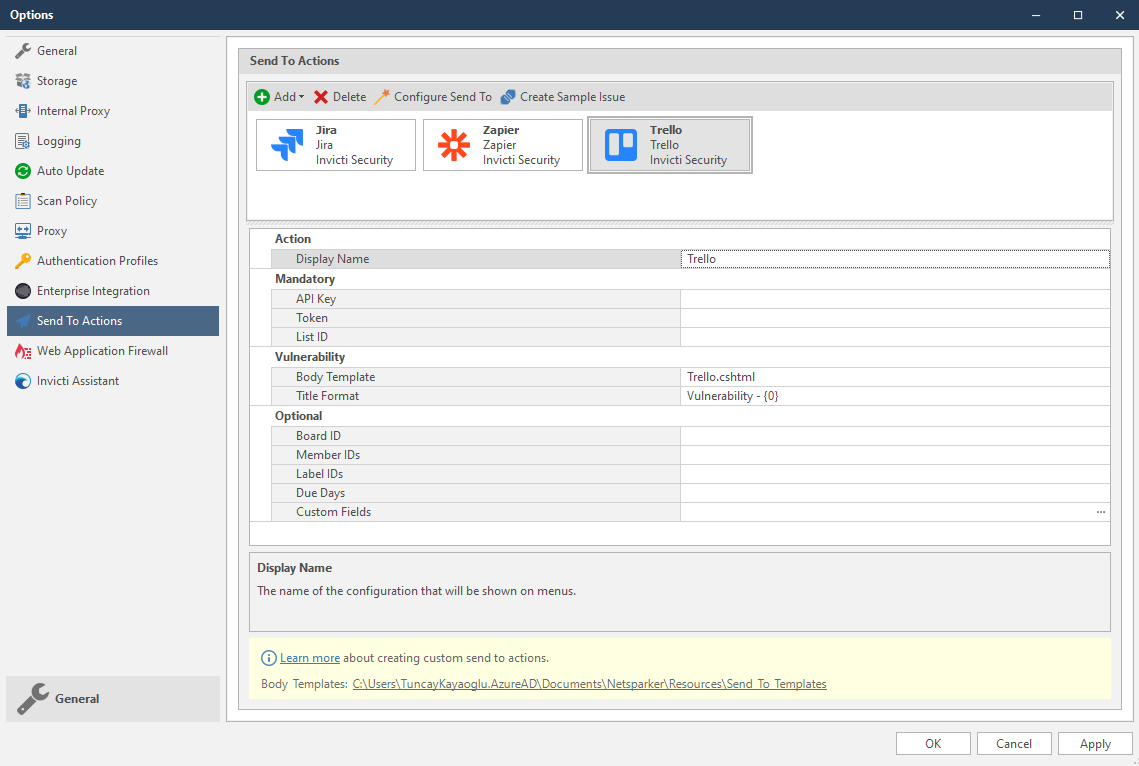 Invicti Standard Add dropdown menu showing Trello selection for integration setup