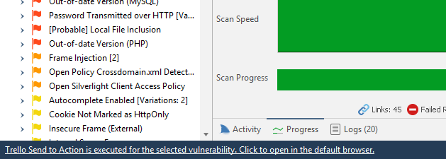Trello export confirmation showing successful vulnerability submission with link to created card