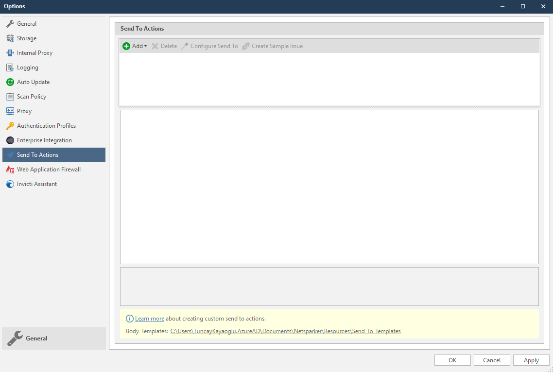 Invicti Standard Options dialog showing Send To Actions configuration interface