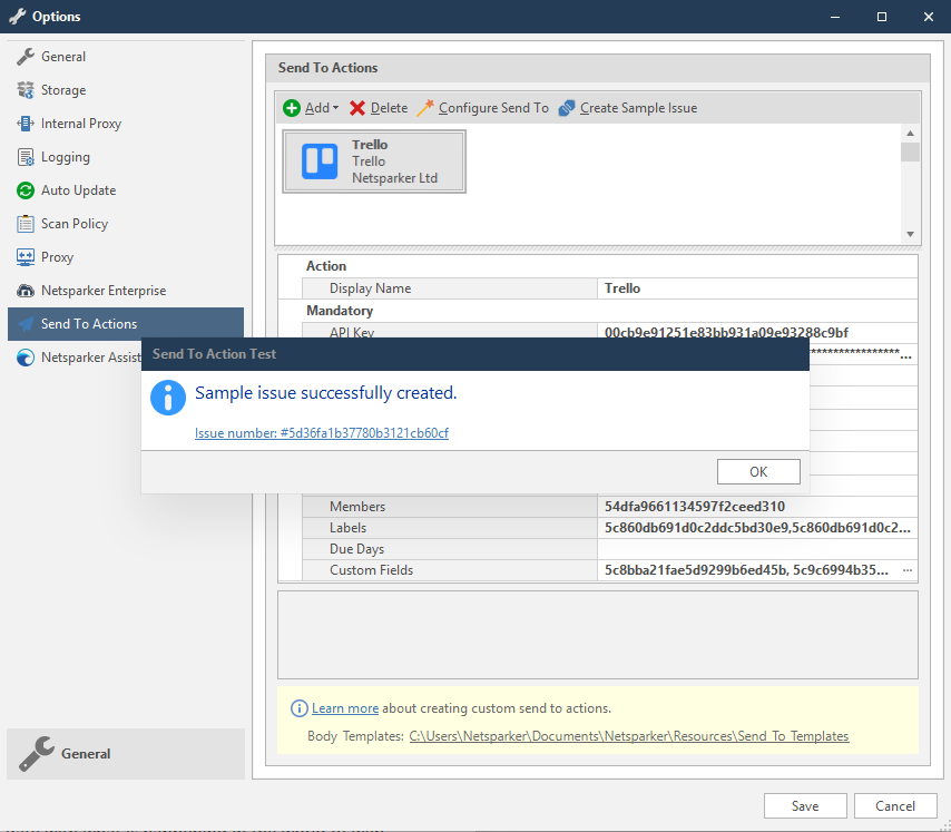 Trello Send To Action Test dialog showing sample issue creation confirmation