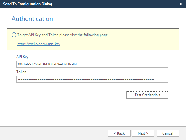 Trello wizard Authentication step showing API Key and Token fields with Test Credentials button