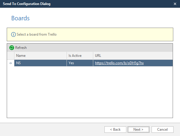 Trello wizard Boards step showing board selection dropdown