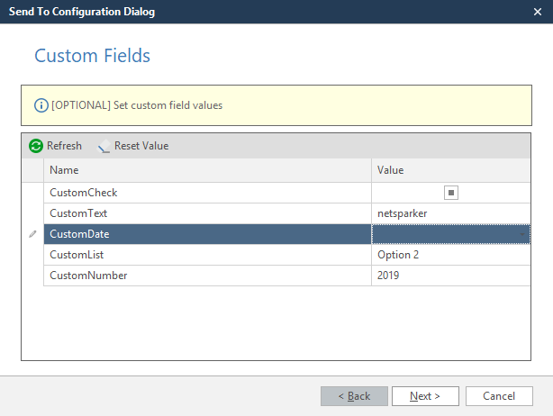 Trello wizard Custom Fields step showing custom field configuration and value entry