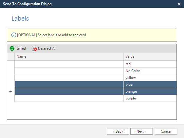 Trello wizard Labels step showing label selection for card categorization