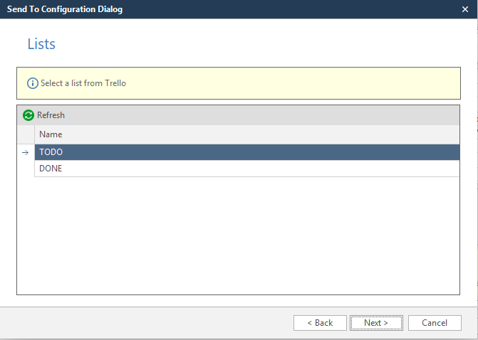 Trello wizard Lists step showing list selection dropdown