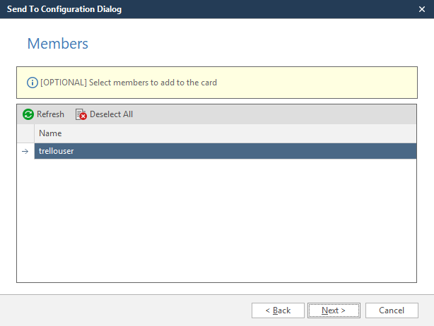 Trello wizard Members step showing member selection for card assignment