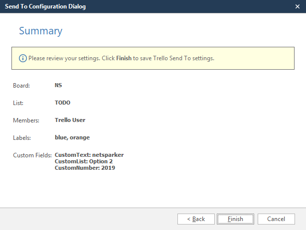 Trello wizard Summary step showing configuration review before completion