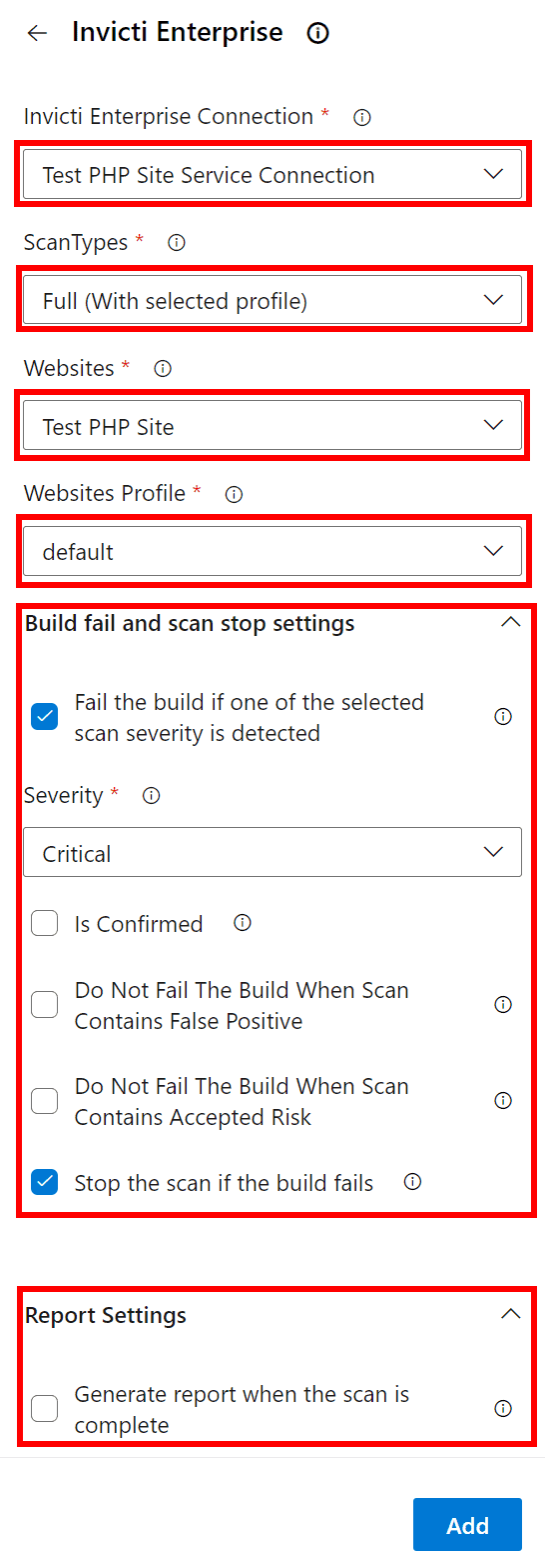 Invicti Enterprise task configuration showing connection, scan types, and settings options