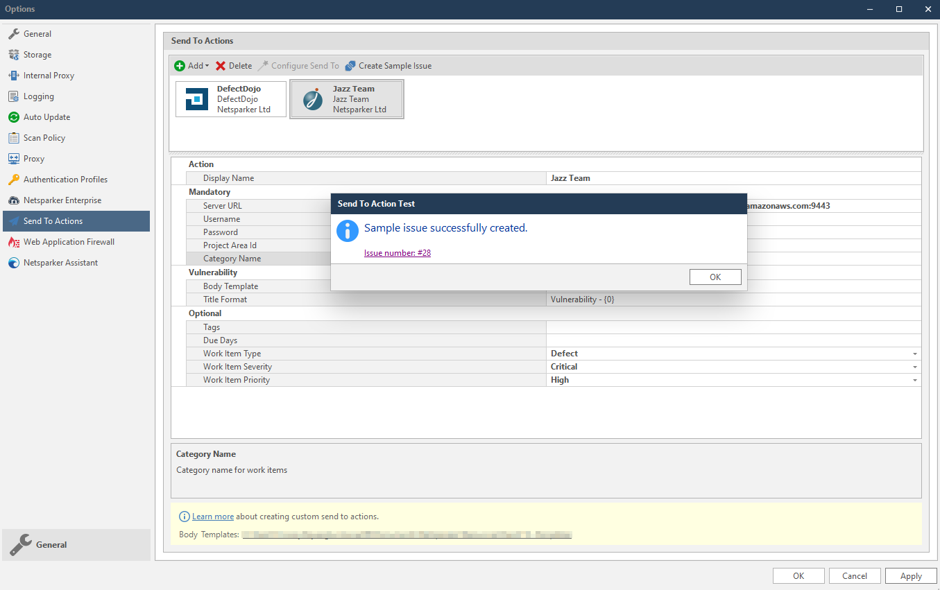 Jazz Team Server optional configuration settings including tags, work item type, severity, and priority