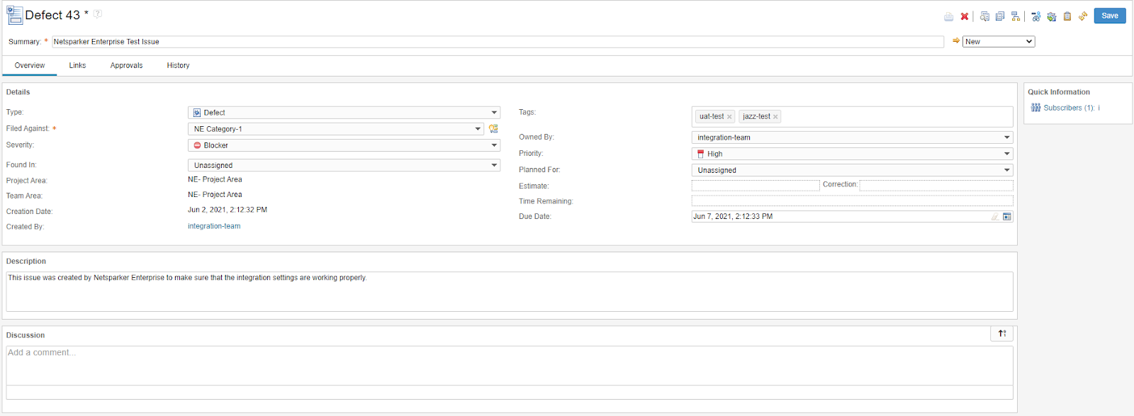 Jazz Team Server integration optional fields showing Work Item Type, Severity, Priority, Template, Tags, and Due Days configuration