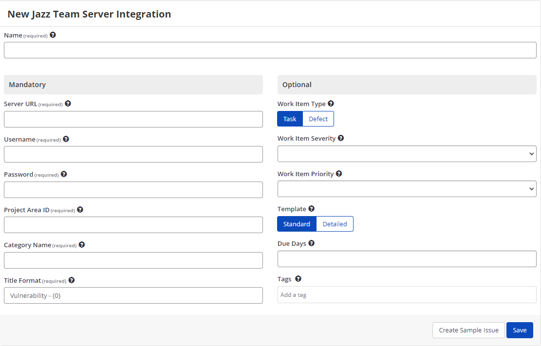 Issue Tracking Systems section showing Jazz Team Server integration option selection