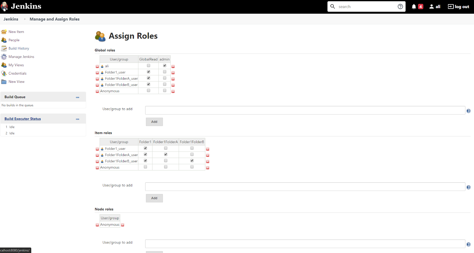 Jenkins Assign Roles page showing Global roles and Item roles configuration for folder-based permissions