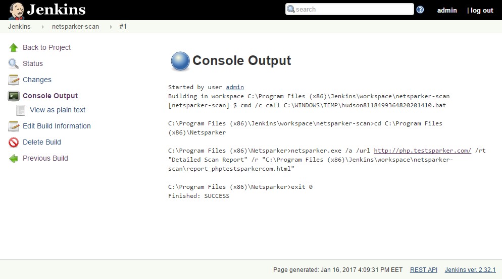 Jenkins console output showing Invicti Standard scan execution results