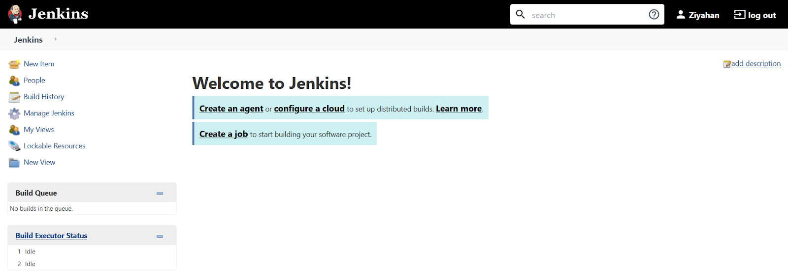 Jenkins main interface showing Create a Job link