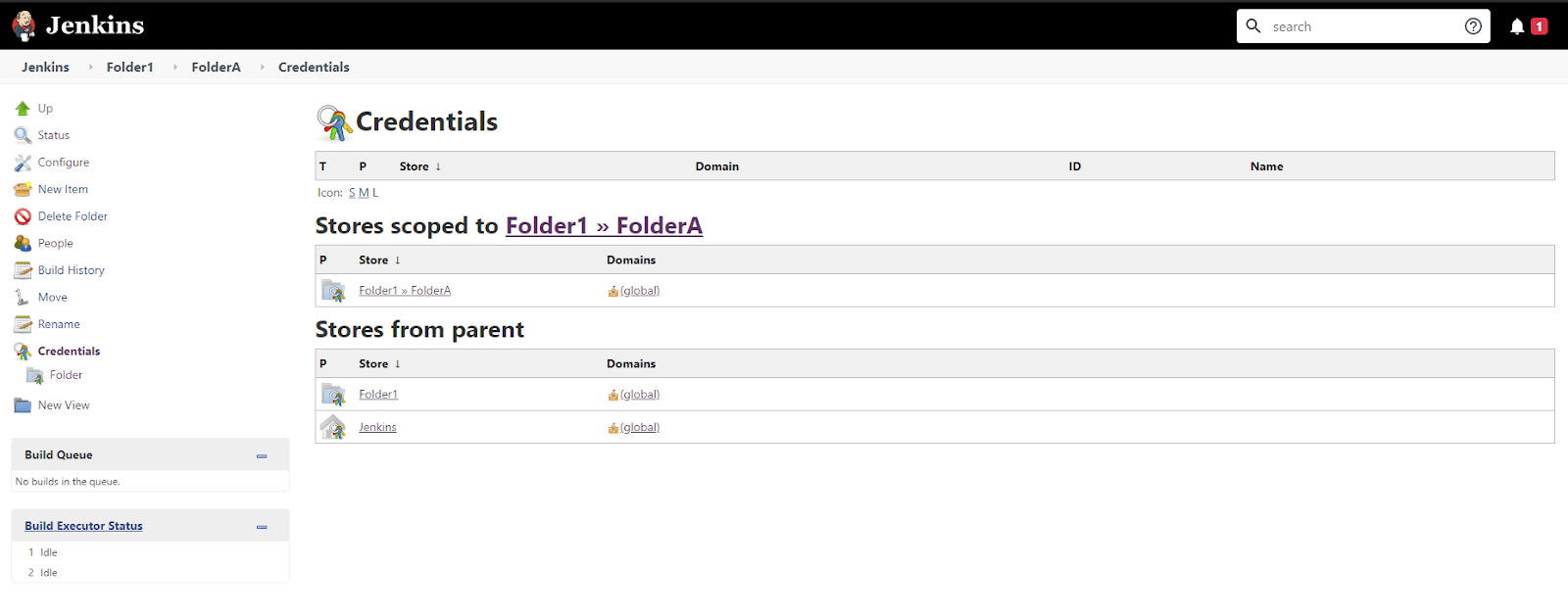 Jenkins folder interface showing Credentials option in the main menu for user credential management