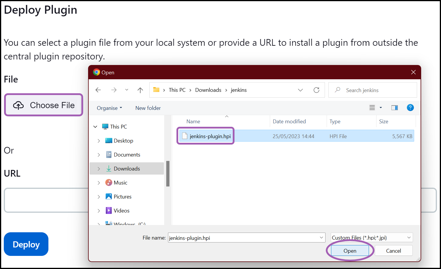 Jenkins Deploy Plugin section showing Choose File option for jenkins-plugin.hpi file upload