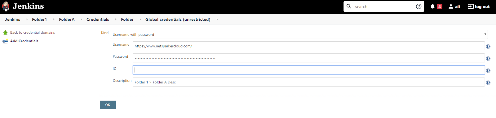 Jenkins Global credentials interface showing Add Credentials option for new user credential creation