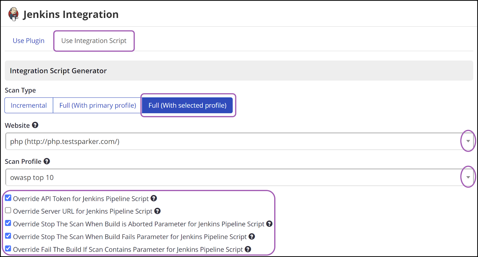 Invicti Enterprise Jenkins integration script generator showing scan settings and override options