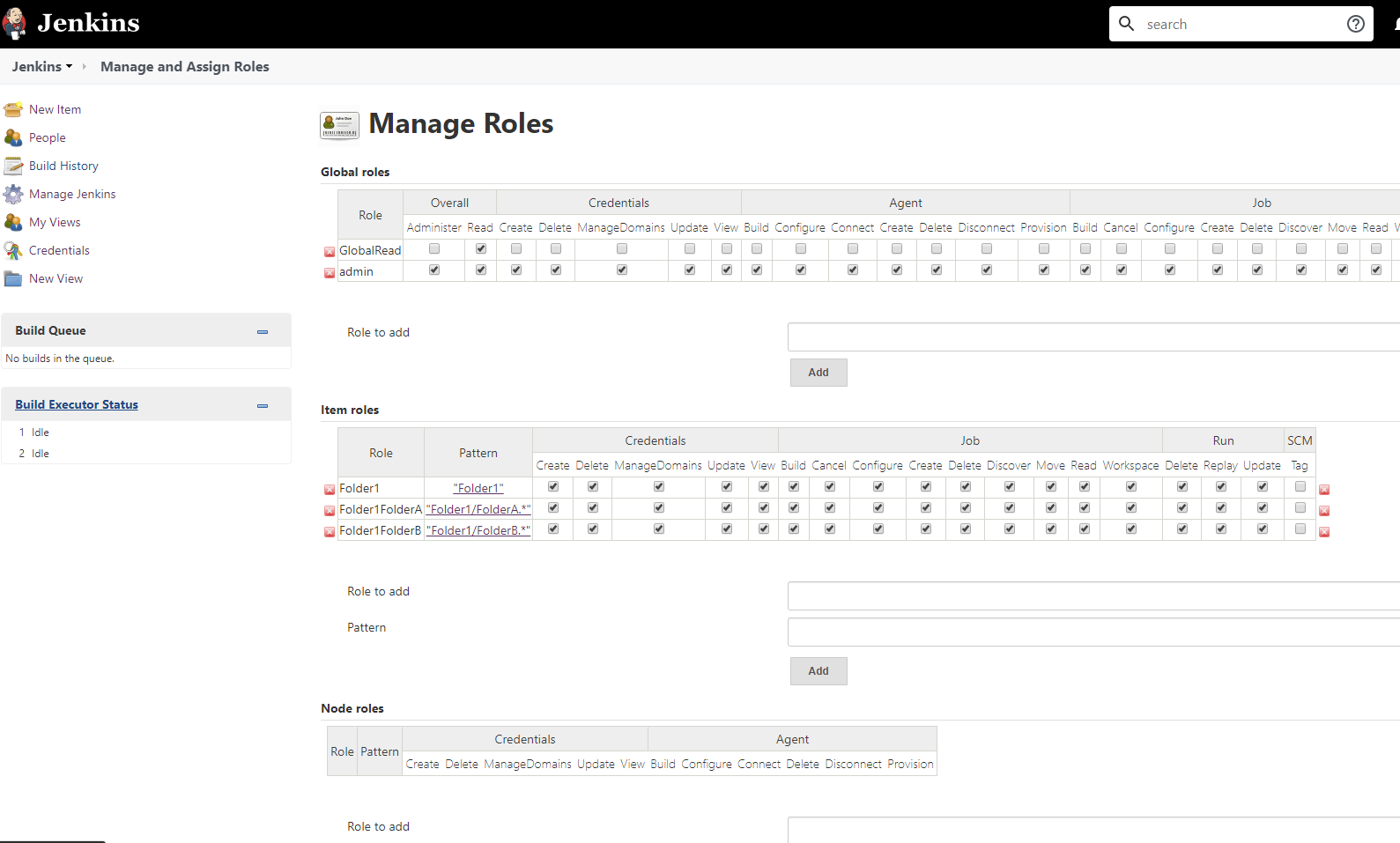 Jenkins navigation showing Manage Jenkins with Manage and Assign Roles menu option