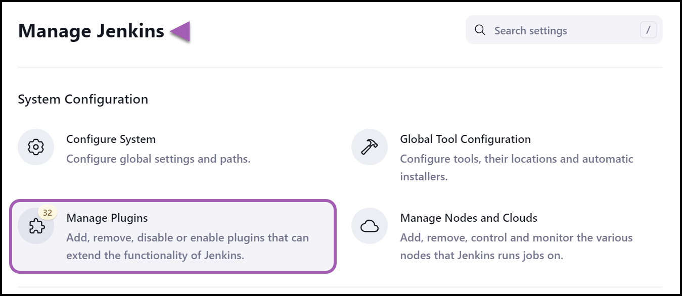 Jenkins main menu showing Manage Jenkins with Manage Plugins navigation option