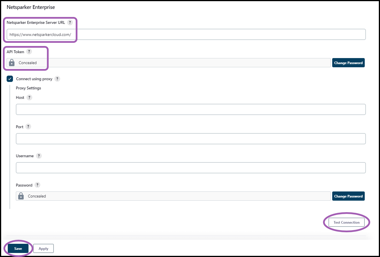Jenkins Configure System page showing Netsparker Enterprise section with Server URL, API Token, and proxy settings