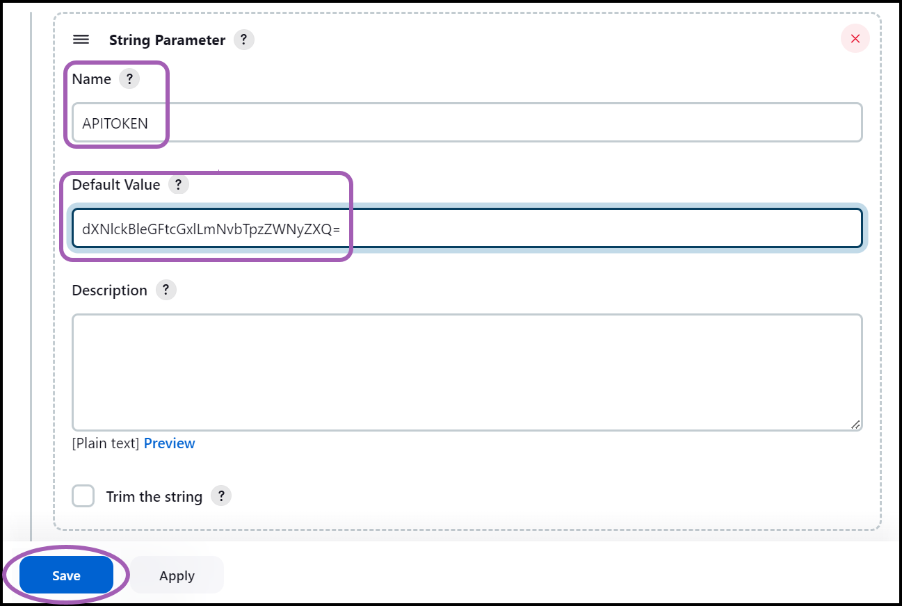 Jenkins Add Parameter configuration showing String Parameter with Name and Default Value fields for API token setup