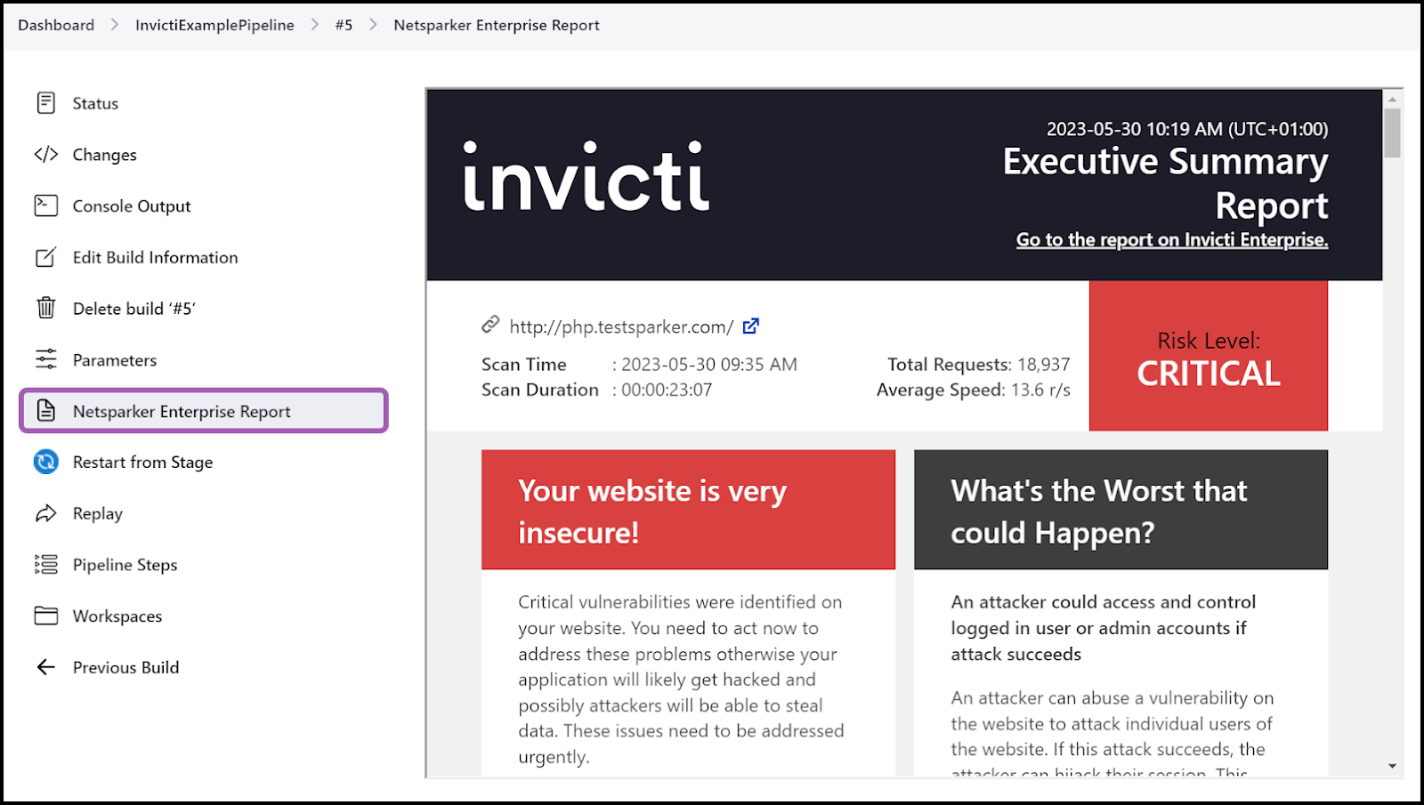 Jenkins pipeline sidebar showing Netsparker Enterprise Report option for accessing completed scan reports