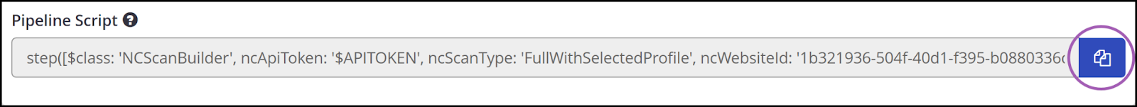 Jenkins integration showing Pipeline Script field with copy to clipboard button for generated script