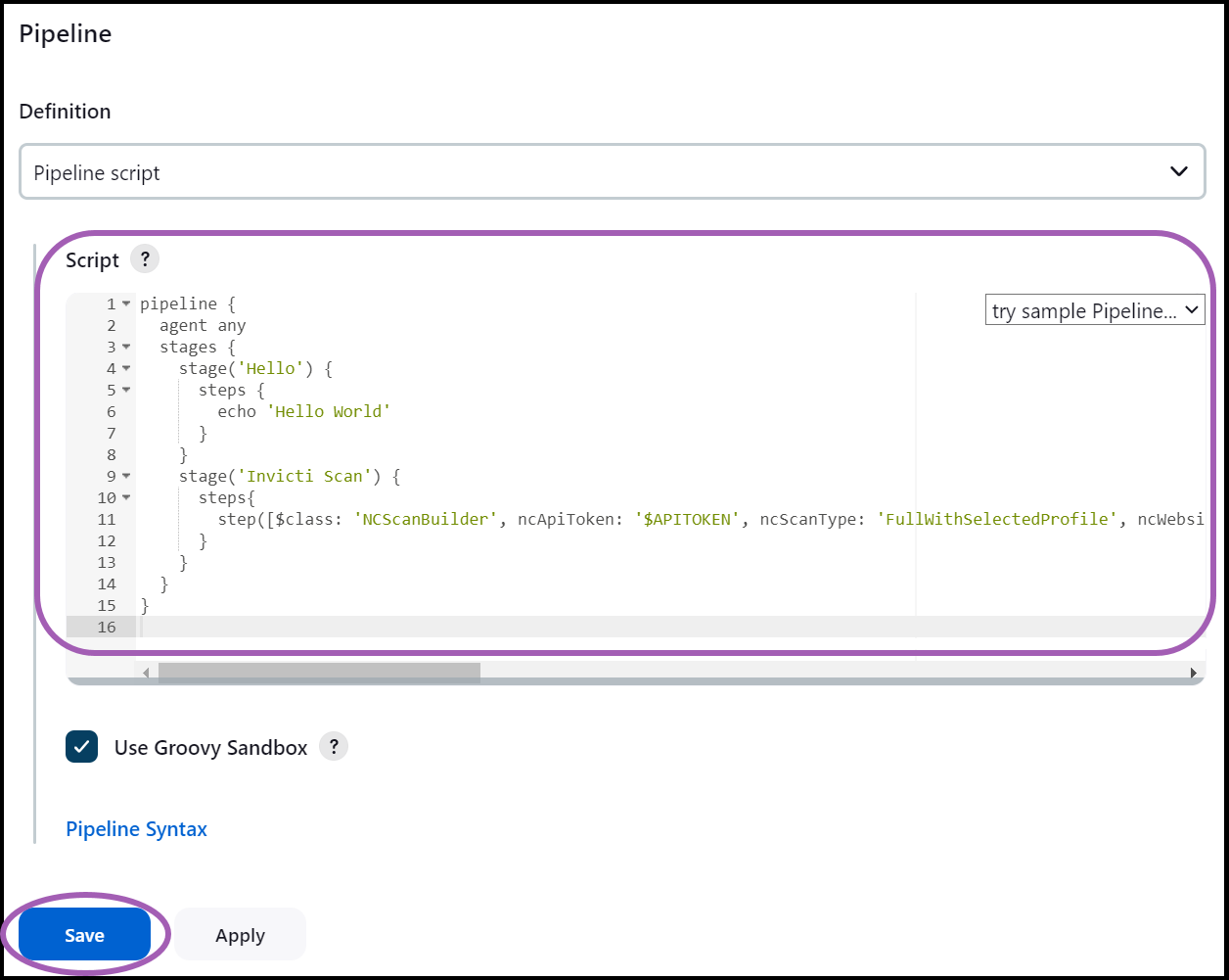 Jenkins Pipeline configuration showing Pipeline script field with finalized Invicti Enterprise script snippet
