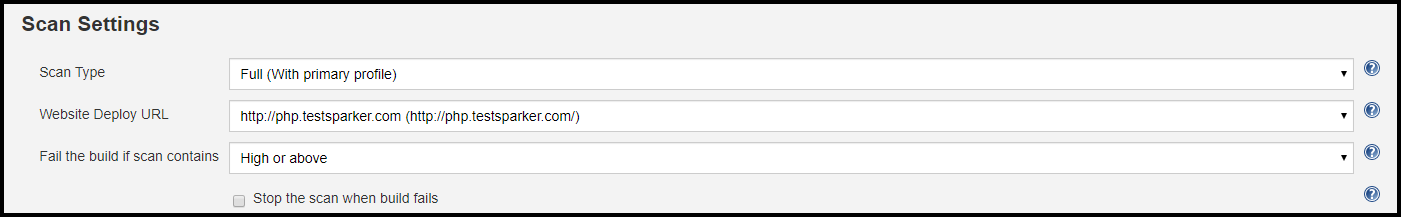 Jenkins plugin configuration showing Fail the build if scan contains and Stop the scan when build fails options