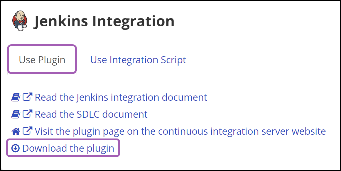 Invicti Enterprise New Integration page showing Jenkins Use Plugin tab with Download the plugin button