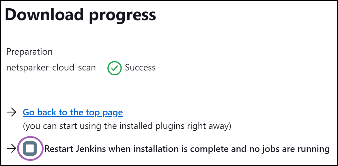Jenkins plugin installation completion with restart checkbox for enabling the plugin