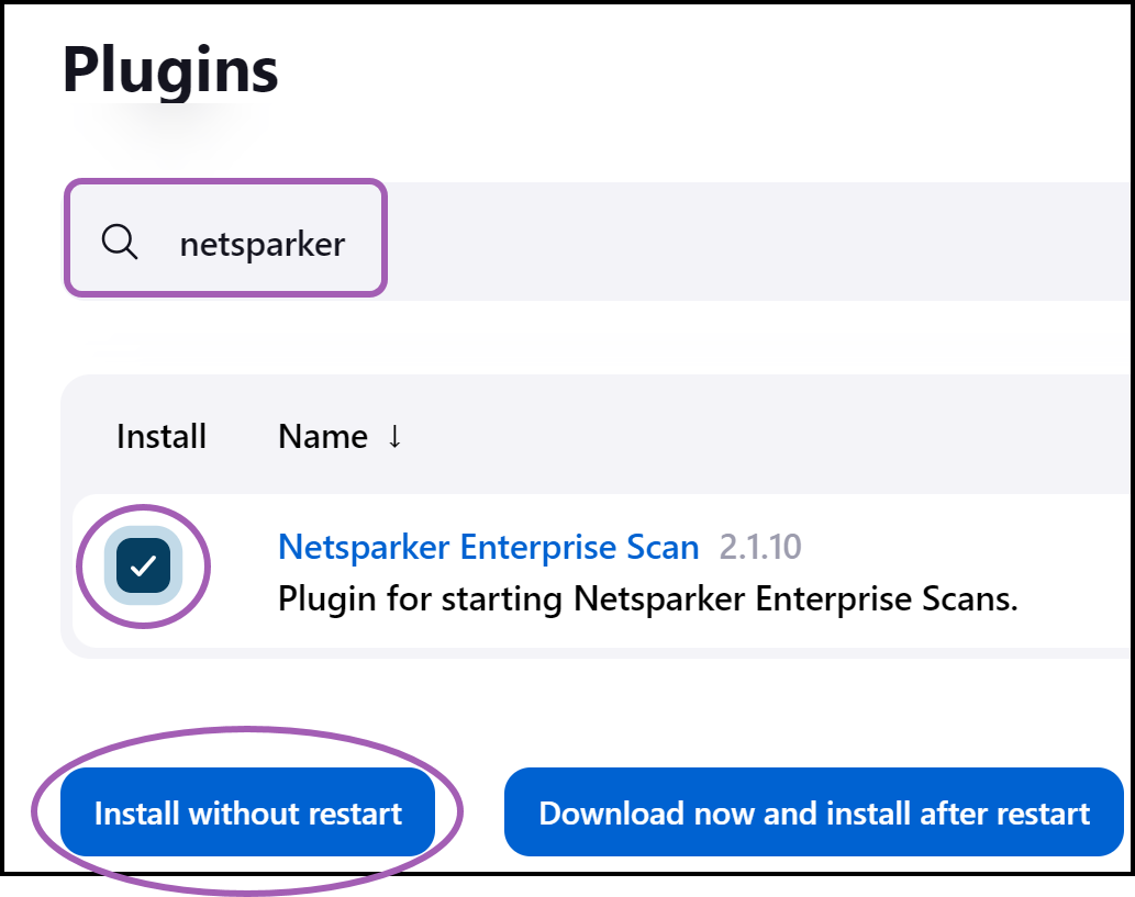 Jenkins plugin search results showing Netsparker Enterprise Scan plugin with Install without restart button
