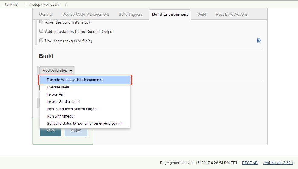Jenkins project configuration window after creating freestyle project