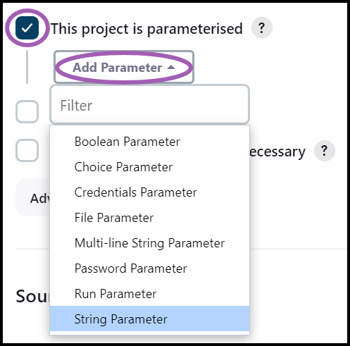 Jenkins project configuration showing This project is parameterised checkbox with Add Parameter options