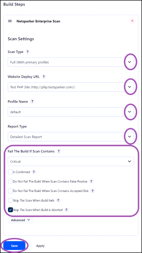 Jenkins project configuration showing Netsparker Enterprise Scan build step with scan settings options