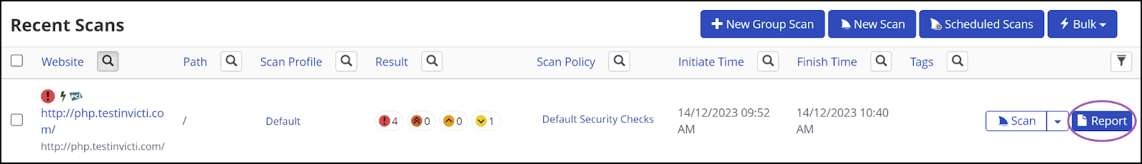 Invicti Enterprise Recent Scans page showing Report button for Jenkins-triggered scan examination