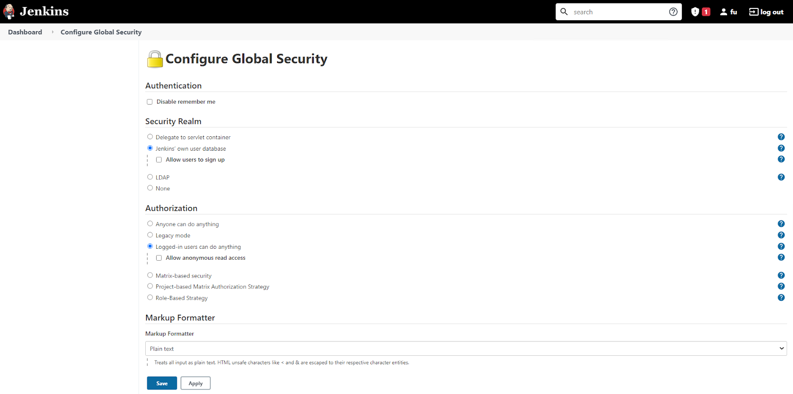 Jenkins Configure Global Security showing Role-Based Strategy authorization selection and Save button