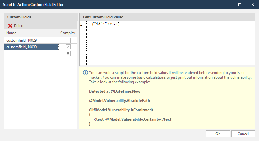 Jira custom fields editor dialog showing name, value, and complex field configuration