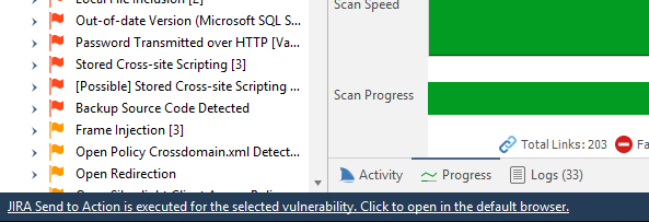 Vulnerability export process showing Send to Jira option in Issues panel context menu