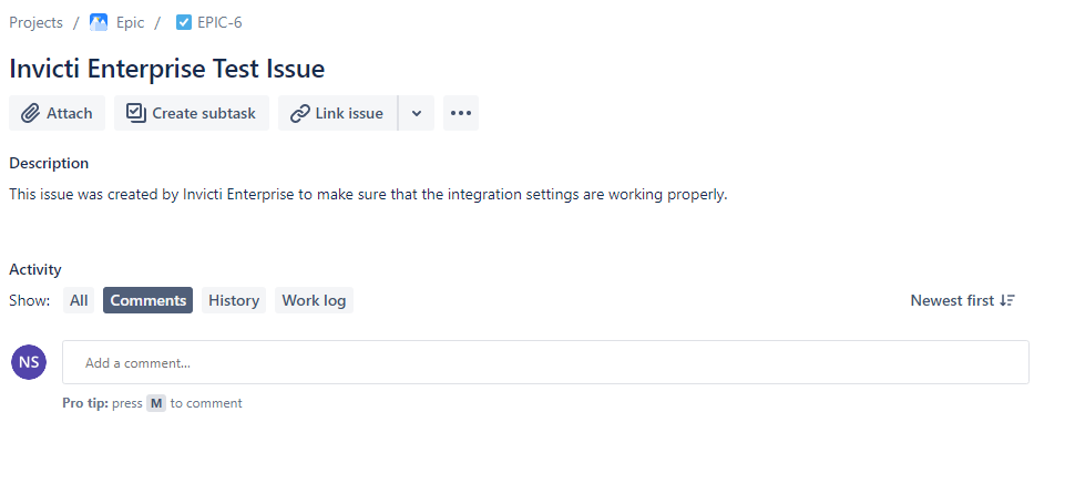 Jira open issues page showing exported issues from Invicti Enterprise