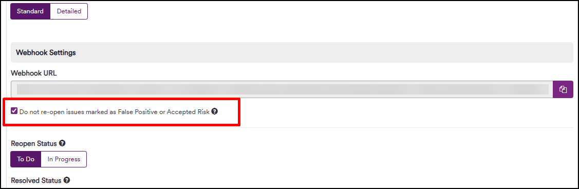 Jira webhook settings showing the prevent reopening checkbox for false positive and accepted risk issues
