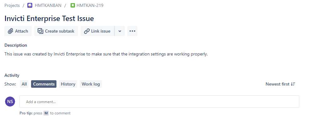 Sample Jira ticket created by Invicti showing vulnerability details and formatting