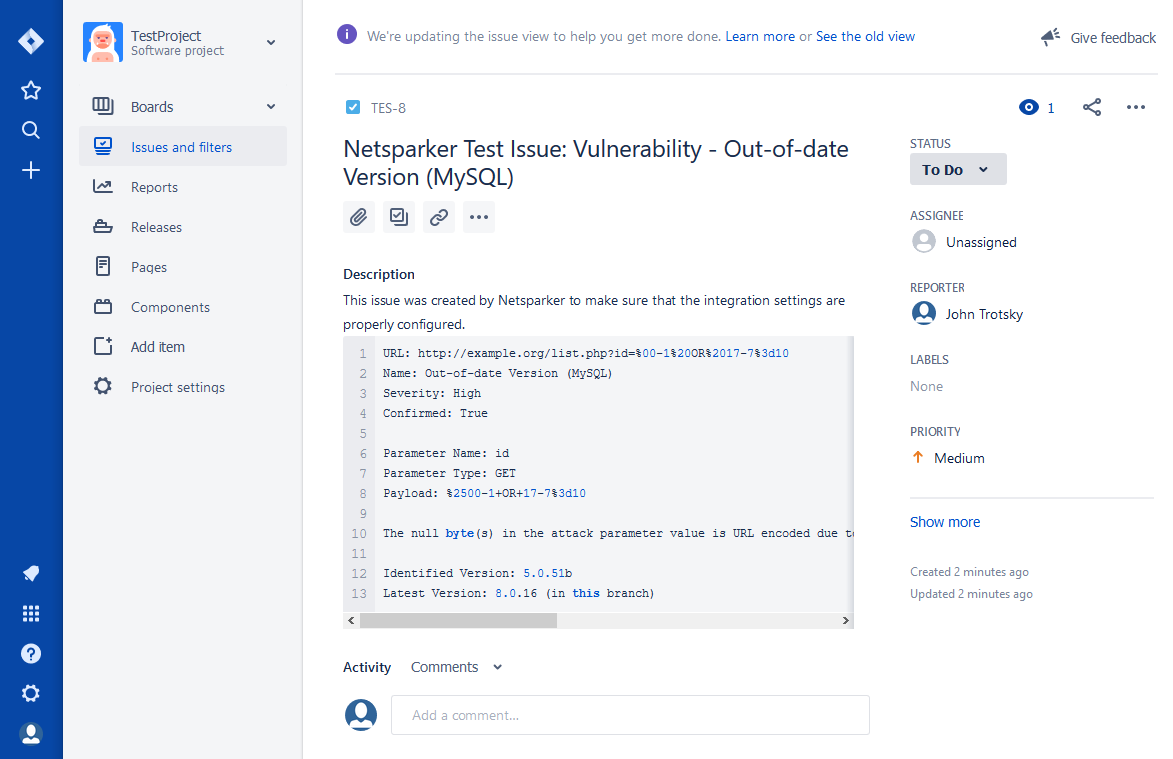 Successfully created sample issue in Jira showing issue details and tracking information