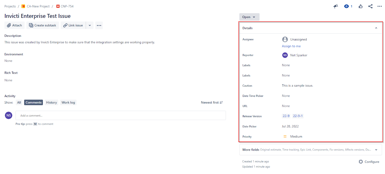 Sample issue details view in Jira showing all configured custom and complex fields